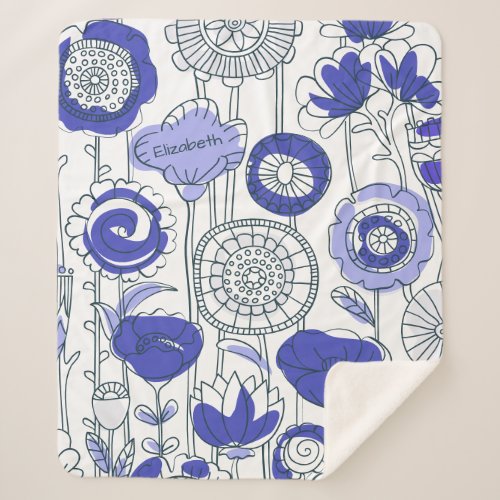 Custom Name Abstract Floral Blue Purple Artsy Cute Sherpa Blanket
