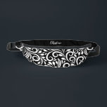 Custom Name Abstract Floral Elegant Black & White Fanny Pack<br><div class="desc">This unique fanny pack design is whimsical and stylish. The front background consists of an abstract white floral pattern on a classic black background. The area above the zipper is solid black and is perfect for your custom name or short text in stylish white script. All colors in this design...</div>