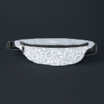 Custom Name Abstract Floral Elegant Girly Blue Fanny Pack<br><div class="desc">This unique fanny pack design is whimsical and feminine. The front background consists of an abstract white floral pattern on a soft blue background. The area above the zipper is solid blue and is perfect for your custom name or short text in stylish white script. All colors in this design...</div>