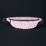 Custom Name Abstract Floral Elegant Girly Pink Fanny Pack<br><div class="desc">This unique fanny pack design is whimsical and feminine. The front background consists of an abstract white floral pattern on a soft pink background. The area above the zipper is solid pink and is perfect for your custom name or short text in stylish white script. All colors in this design...</div>