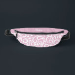 Custom Name Abstract Floral Elegant Girly Pink Fanny Pack<br><div class="desc">This unique fanny pack design is whimsical and feminine. The front background consists of an abstract white floral pattern on a soft pink background. The area above the zipper is solid pink and is perfect for your custom name or short text in stylish white script. All colors in this design...</div>