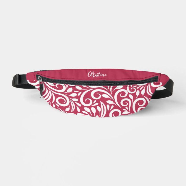 Custom Name Abstract Floral Elegant Magenta Red    Fanny Pack (Front)