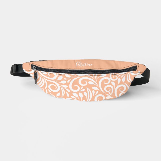 Custom Name Abstract Floral Elegant Peach White    Fanny Pack (Front)
