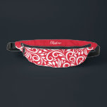 Custom Name Abstract Floral Elegant Red White Fanny Pack<br><div class="desc">This unique fanny pack design is whimsical and feminine. The front background consists of an abstract white floral pattern on a classic red background. The area above the zipper is solid red and is perfect for your custom name or short text in stylish white script. All colors in this design...</div>
