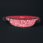 Custom Name Abstract Floral Elegant Red White Fanny Pack<br><div class="desc">This unique fanny pack design is whimsical and feminine. The front background consists of an abstract white floral pattern on a classic red background. The area above the zipper is solid red and is perfect for your custom name or short text in stylish white script. All colors in this design...</div>