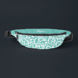 Custom Name Abstract Floral Elegant Teal Green Fanny Pack<br><div class="desc">This unique fanny pack design is whimsical and feminine. The front background consists of an abstract white floral pattern on a colorful teal green background. The area above the zipper is solid green and is perfect for your custom name or short text in stylish white script. All colors in this...</div>