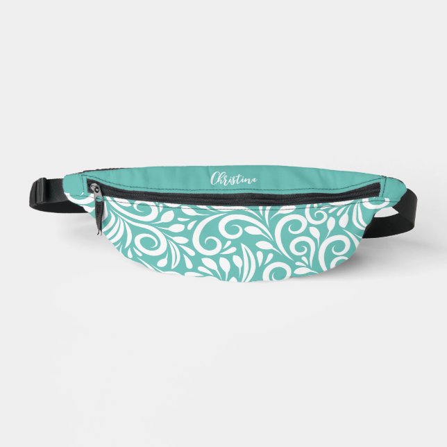 Custom Name Abstract Floral Elegant Teal Green Fanny Pack (Front)