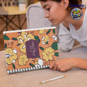 Custom Name Abstract Floral Orange White Notebook