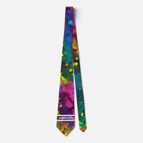 Custom Name Abstract Splatter Paint Cosmic Rainbow Neck Tie