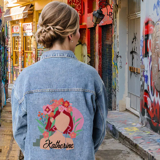 Custom Name abstract women face floral Denim Jacket
