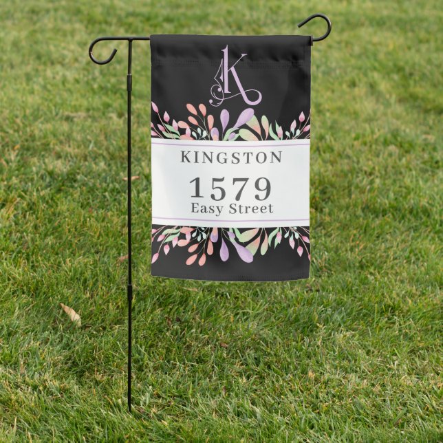 Custom Name & Address, Monogram K, Floral Garden Flag (In SItu)