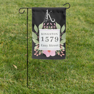 Custom Name Address, w/ Monogram K, Floral Garden Flag