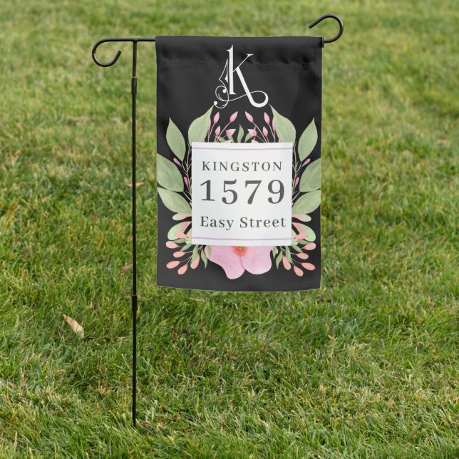 Custom Name  Address, w/ Monogram K, Floral Garden Flag (In SItu)