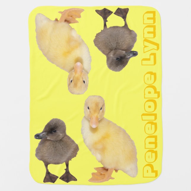 Custom Name Adorable Yellow Gray Ducklings Photo Receiving Blanket (Front)