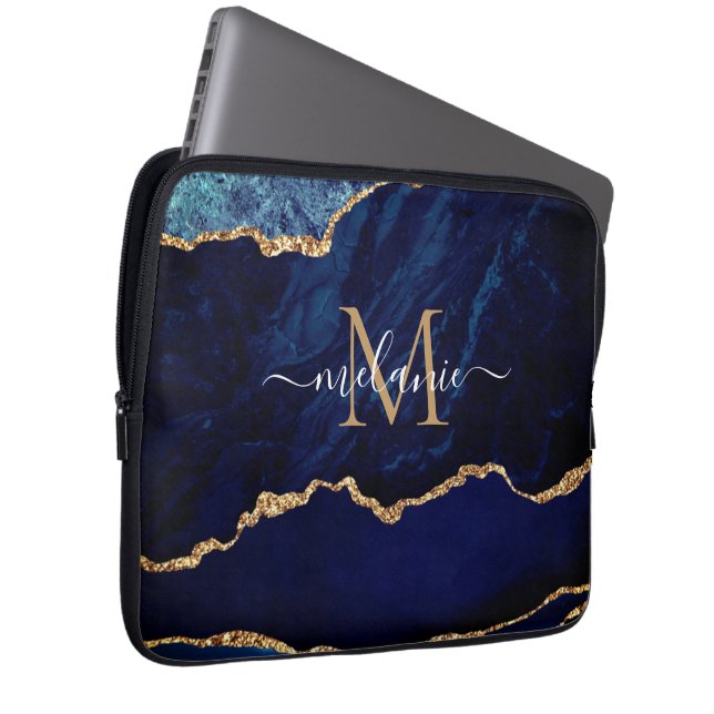 Custom Name Agate Blue Gold Marble Laptop Sleeve (Front Right)