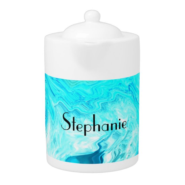 Custom Name Agate Gemstone Geode Art Blue Cool Teapot (Front)