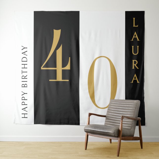 Custom Name & Age Banner Black Gold White Birthday Tapestry (In Situ (Horizontal))