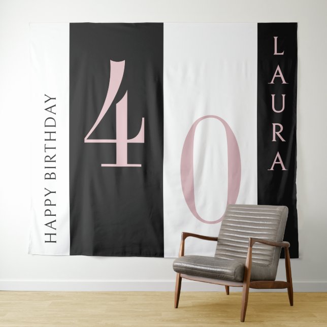 Custom Name & Age Banner Black Pink White Birthday Tapestry (In Situ (Horizontal))