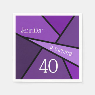 Custom Name Age Birthday Abstract Purple Geometric Napkins