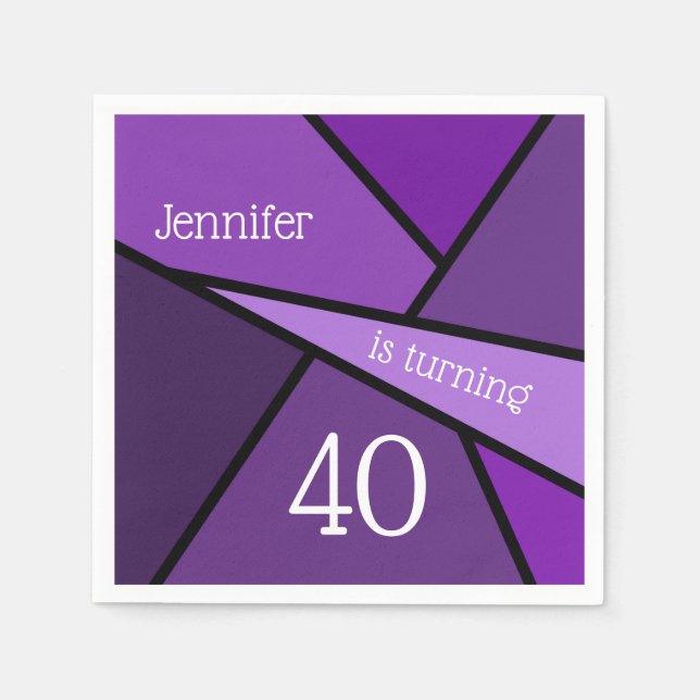 Custom Name Age Birthday Abstract Purple Geometric Napkins (Front)