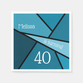 Custom Name Age Birthday Abstract Teal Geometric Napkins