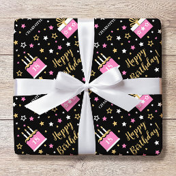 Custom Name Age Birthday Cake Pink Black Wrapping Paper