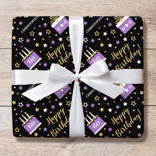 Custom Name Age Birthday Cake Purple Black Wrapping Paper