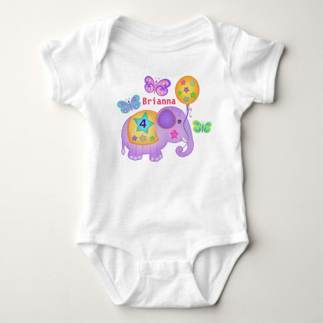 Custom Name & Age Birthday Elephant T-Shirt Baby Bodysuit (Front)