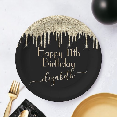 Custom Name  Age Black and Gold Dripping Glitter Paper Plates