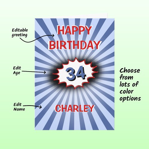 Custom name age blue retro birthday card