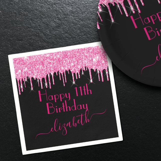 Custom Name + Age Hot Pink Dripping Glitter Black Napkins (Creator Uploaded)