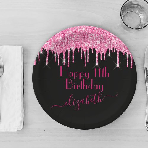 Custom Name  Age Hot Pink Dripping Glitter Black Paper Plates