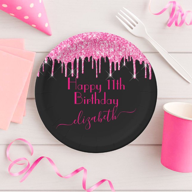 Custom Name + Age Hot Pink Dripping Glitter Black Paper Plates (Creator Uploaded)