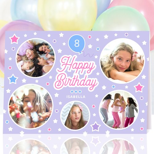 Custom Name Age Photo Collage Birthday Star Purple Card
