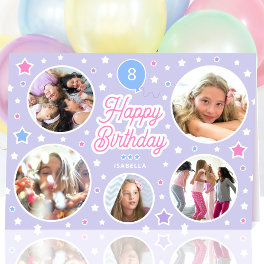 Custom Name Age Photo Collage Birthday Star Purple Card