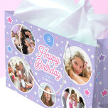 Custom Name Age Photo Collage Birthday Star Purple Large Gift Bag<br><div class="desc">Say "Happy Birthday" with this cute personalized gift bag,  featuring five of your favorite photos! Celebration balloon and stars in purple,  pink,  white and blue.</div>