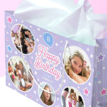 Custom Name Age Photo Collage Birthday Star Purple Large Gift Bag<br><div class="desc">Celebrate a special birthday with a custom photo gift bag! This cute template is personalized with your child's name,  age and five favorite photographs! A unique and stylish design,  featuring round picture frames,  with a balloon,  and stars. Printed colors: lilac purple,  candy pink,  blue and white.</div>