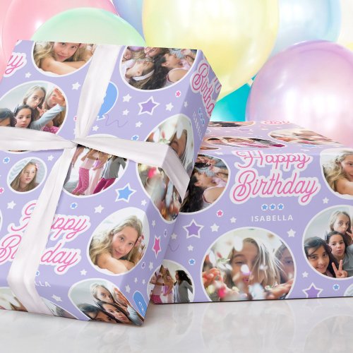 Custom Name Age Photo Collage Birthday Star Purple Wrapping Paper