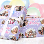 Custom Name Age Photo Collage Birthday Star Purple Wrapping Paper<br><div class="desc">Say "Happy Birthday" with this cute personalized wrapping paper,  featuring six of your favorite photos! Celebration balloons and stars in purple,  pink,  white and blue.</div>