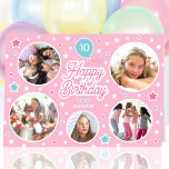Custom Name Age Photo Collage Birthday Stars Pink Card<br><div class="desc">Cute personalized greetings card,  featuring five of your favorite photos! Celebration balloon and stars in pink,  white and blue-green turquoise.</div>