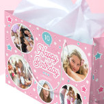 Custom Name Age Photo Collage Birthday Stars Pink Large Gift Bag<br><div class="desc">Say "Happy Birthday" with this cute personalized gift bag,  featuring five of your favorite photos! Celebration balloon and stars in pink,  white and blue-green turquoise.</div>