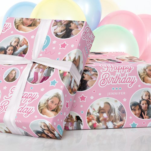Custom Name Age Photo Collage Birthday Stars Pink Wrapping Paper