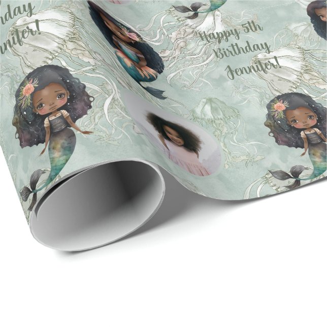 Custom Name Age Photo Mermaid Birthday Wrapping Paper (Roll Corner)