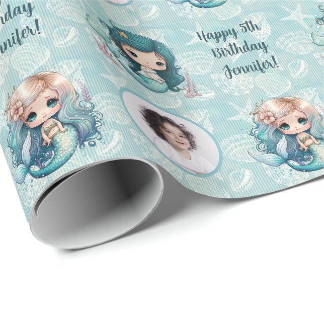Custom Name Age Photo Mermaid Birthday Wrapping Paper (Roll Corner)