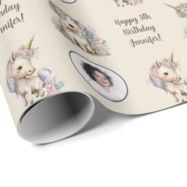 Custom Name Age Photo Unicorn Birthday Wrapping Paper (Roll Corner)