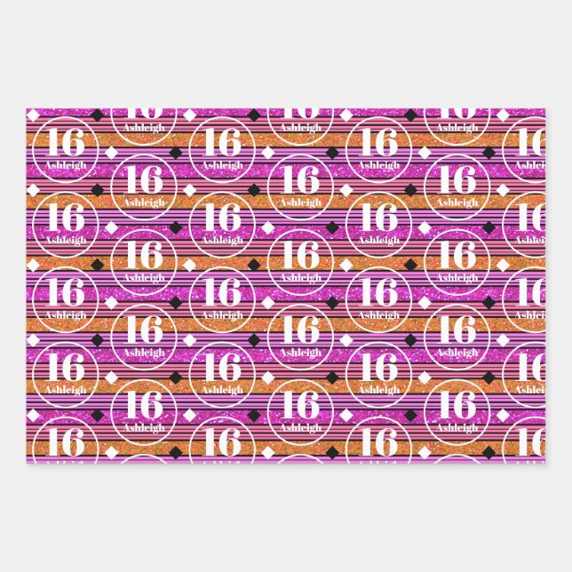 Custom Name Age Pink Birthday Wrapping Paper Sheets (Front)