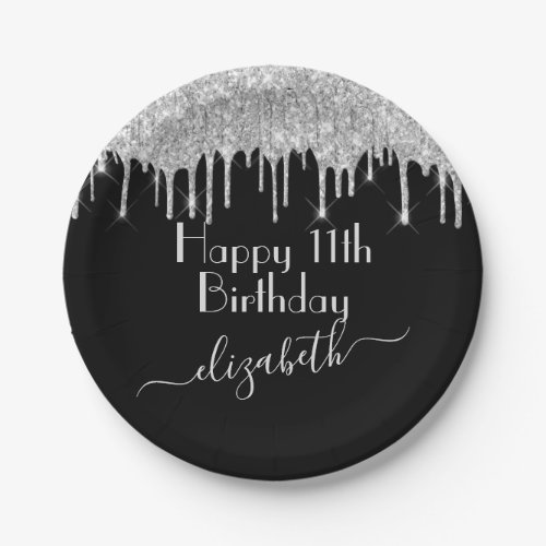 Custom Name  Age Silver Dripping Glitter Black Paper Plates