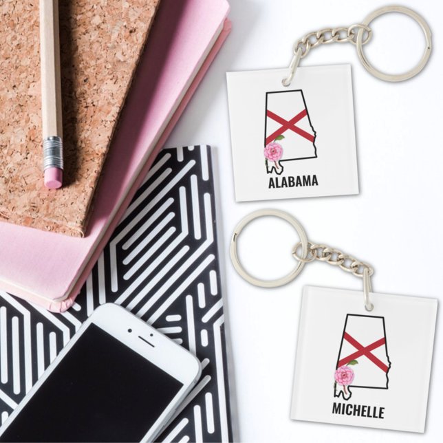 Custom Name Alabama Flag and State Flower Camellia Keychain (Creator Uploaded)