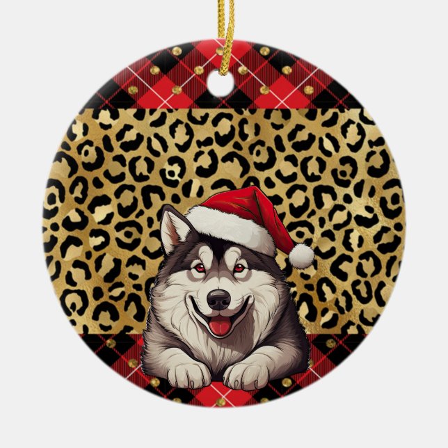 Custom Name Alaskan Malamute dog Santa hat Buffalo Ceramic Ornament (Front)
