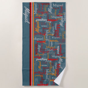 Custom name all over graphic text blue grey orange beach towel
